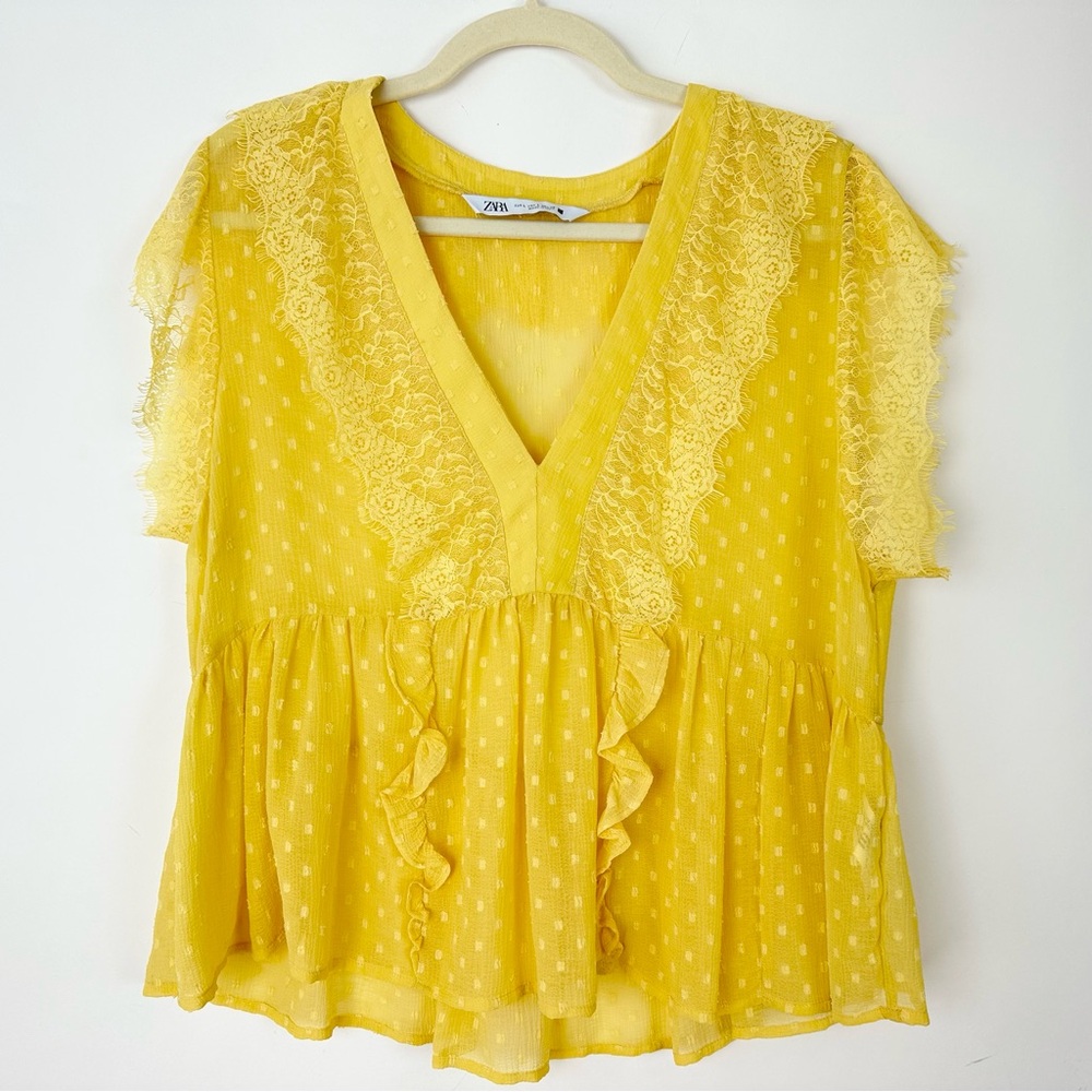 Zara Blouse Womens Large Yellow Lace Top Mustard See Through NWOT